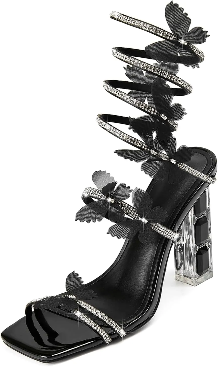 Strappy Heels for Women Rhinestone Crystal High Block Heeled Sandals Square Open Toe Sparkly Dress Prom Heels Shoes for Party Wedding