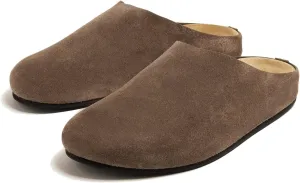 Suede Clogs for Women Soft Cork Footbed Leather Mules Round Toe Casual Slip-on Mule Shoes