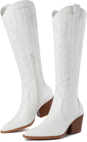 Susanny Knee High Cowboy Boots for Women Embroidered Western Cowgirl Boots for Womens Mid Calf Chunky Heel Pull on Stitching Zipper Pointed Toe Mid Low Heel Boots