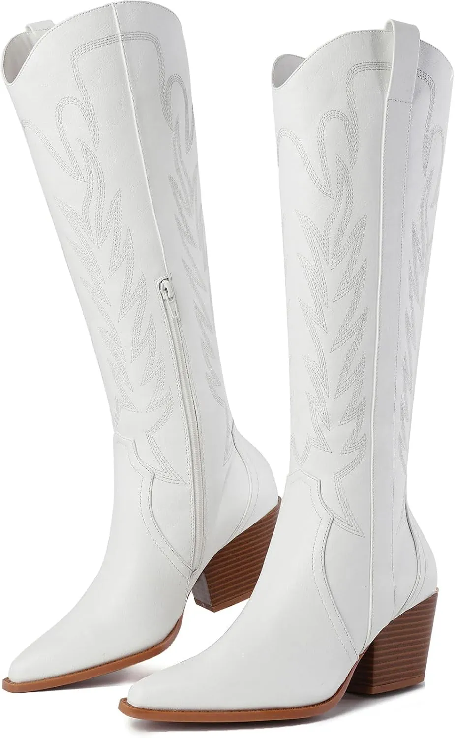 Susanny Knee High Cowboy Boots for Women Embroidered Western Cowgirl Boots for Womens Mid Calf Chunky Heel Pull on Stitching Zipper Pointed Toe Mid Low Heel Boots