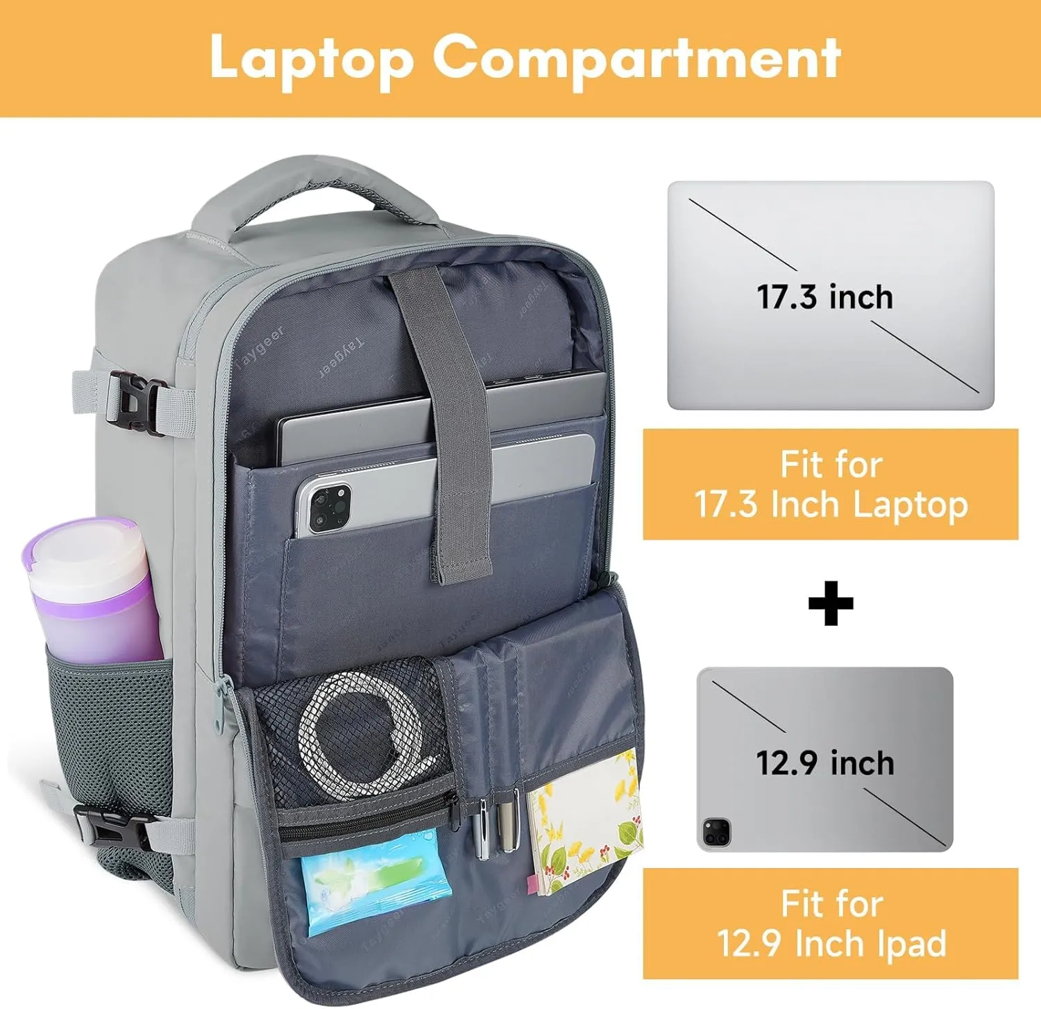Taygeer Carry On Backpack for Men Women, Travel Backpack with USB Charging Port & Shoe Pouch, Laptop Mochila 17.3inch Flight Approved, College Teacher Tote Bag for Business Travel, Grey