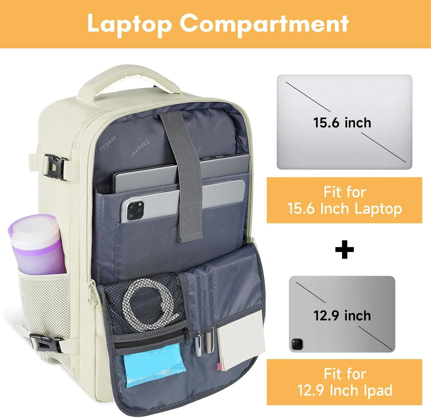 Taygeer Travel Backpack for Women, Carry On Backpack with USB Charging Port & Shoe Pouch, TSA 15.6" Laptop Back Pack Flight Approved, College Gym Bag Casual Daypack for Weekender Business Hiking,Beige
