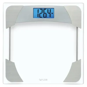Taylor Digital Scales for Body Weight, Highly Accurate 400 LB Capacity, Unique Blue LCD, Stainless Steel Accents Glass Platform, 12.2 x 12.2 Inches, Clear