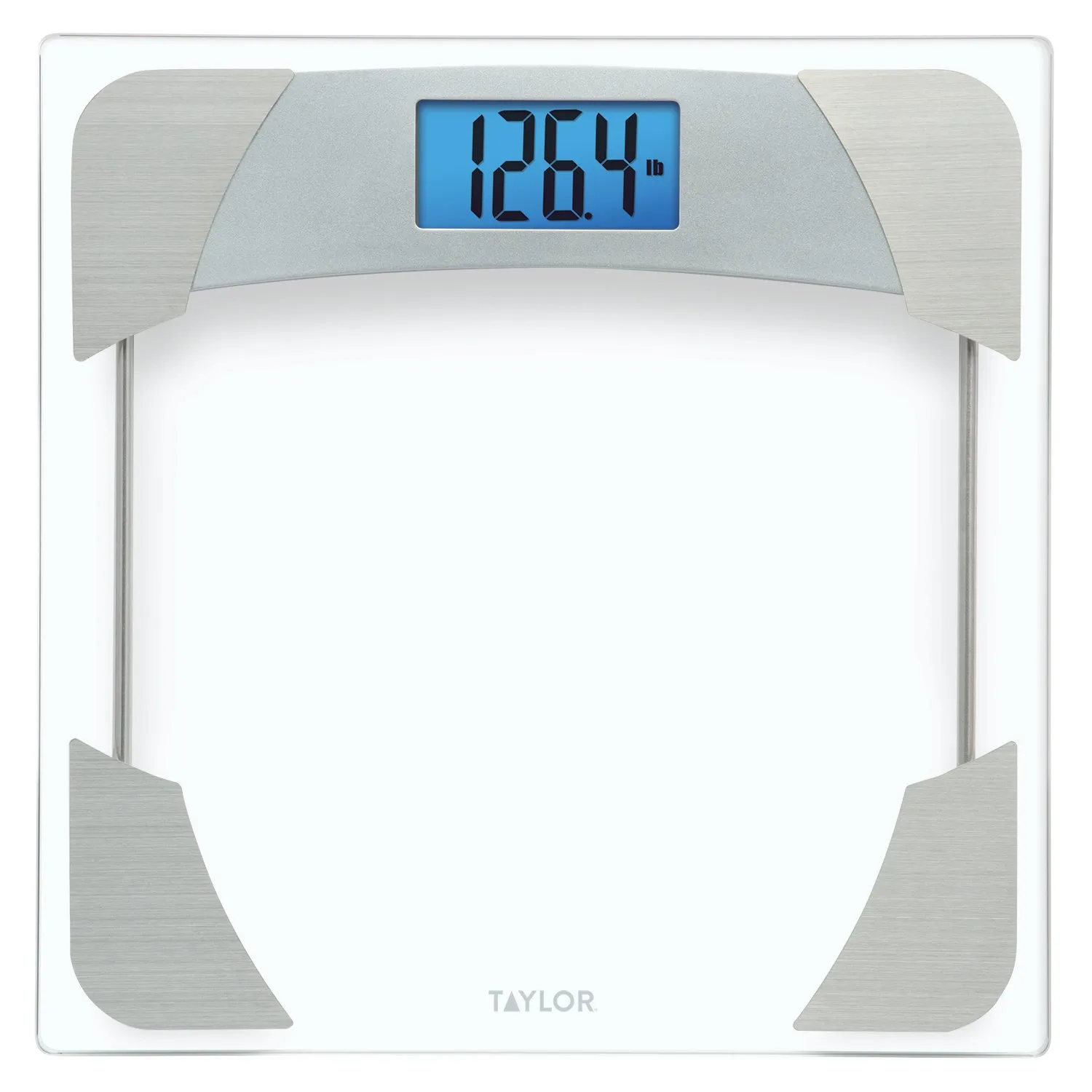 Taylor Digital Scales for Body Weight, Highly Accurate 400 LB Capacity, Unique Blue LCD, Stainless Steel Accents Glass Platform, 12.2 x 12.2 Inches, Clear