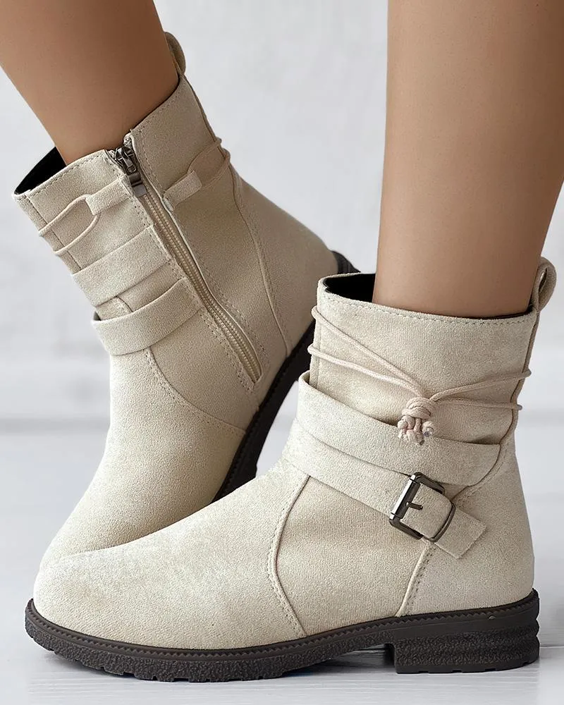 Tied Detail Side Zipper Buckled Ankle Boots