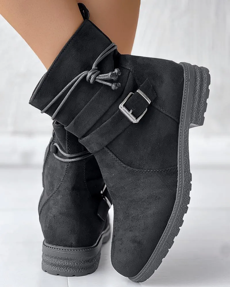 Tied Detail Side Zipper Buckled Ankle Boots