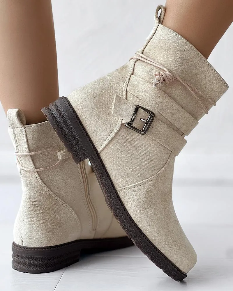 Tied Detail Side Zipper Buckled Ankle Boots
