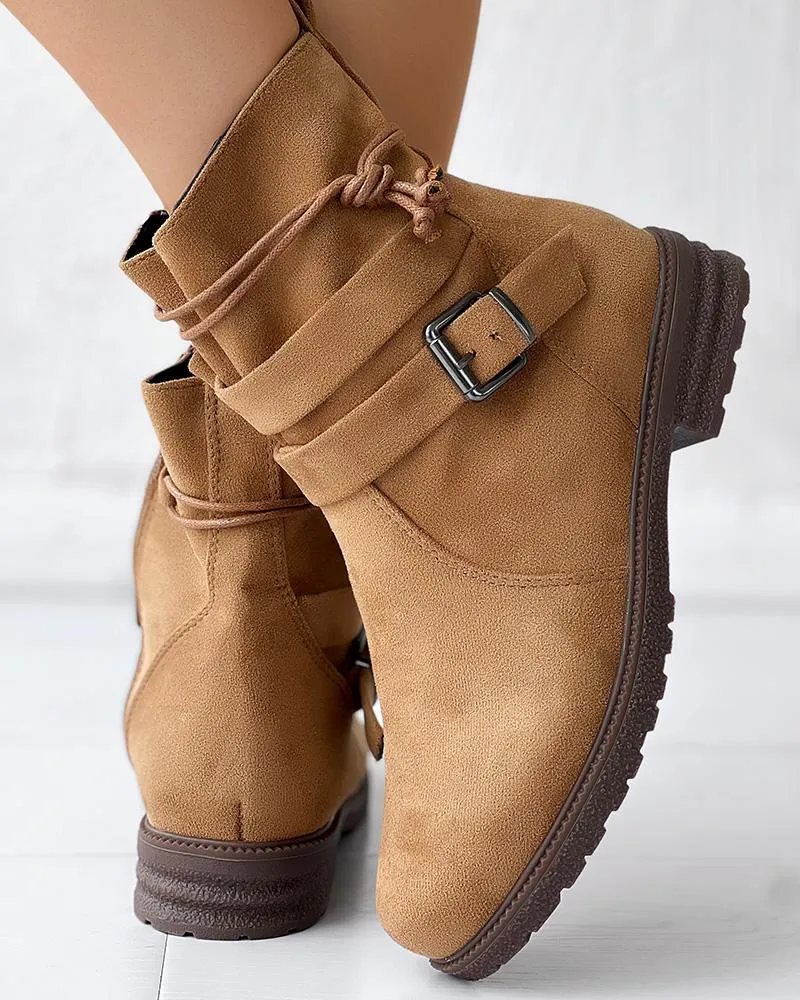 Tied Detail Side Zipper Buckled Ankle Boots