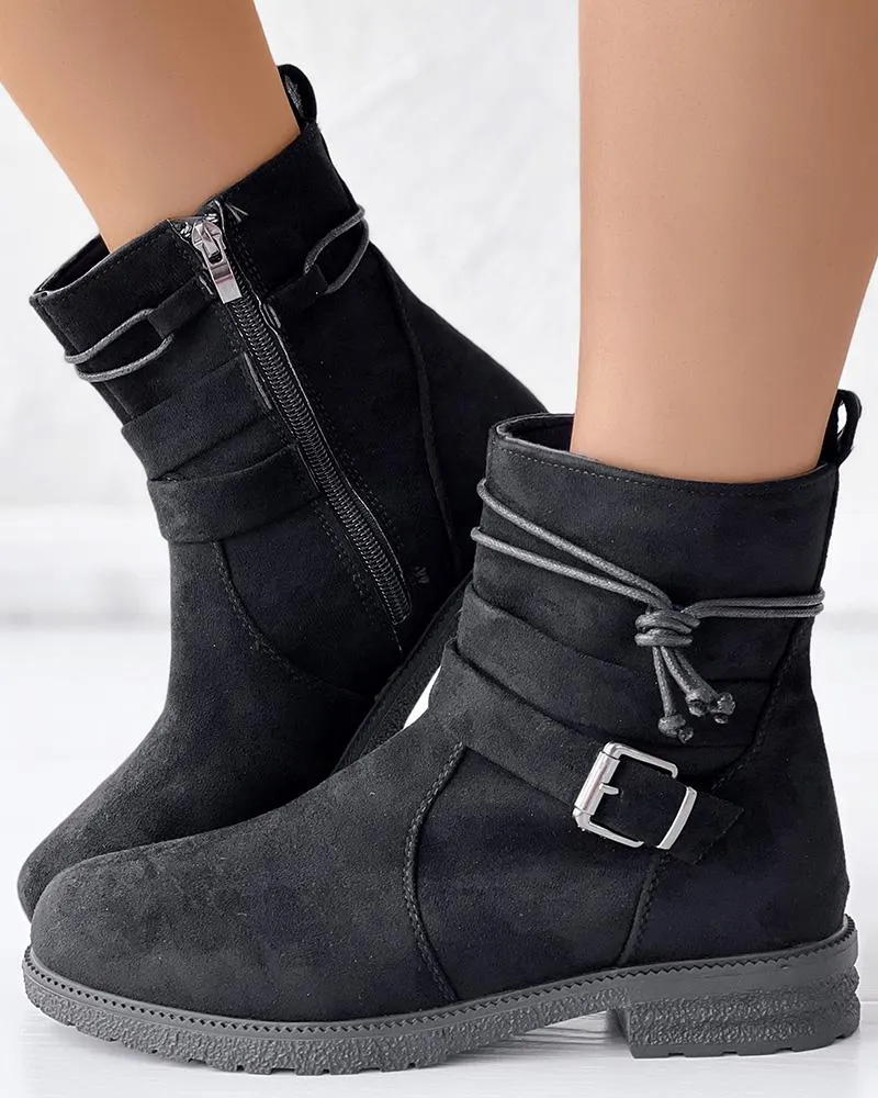 Tied Detail Side Zipper Buckled Ankle Boots