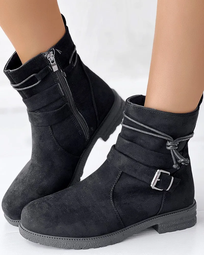 Tied Detail Side Zipper Buckled Ankle Boots