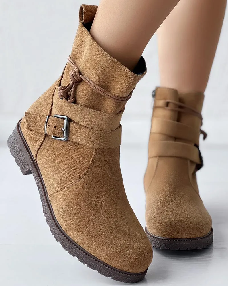 Tied Detail Side Zipper Buckled Ankle Boots