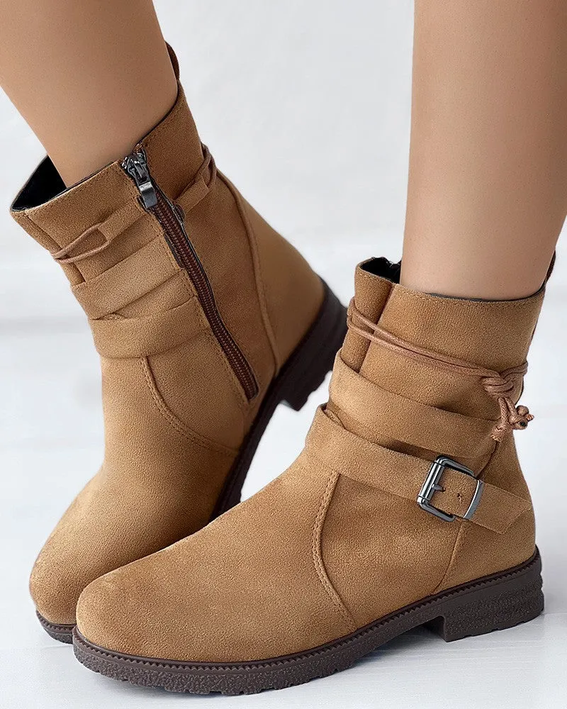 Tied Detail Side Zipper Buckled Ankle Boots