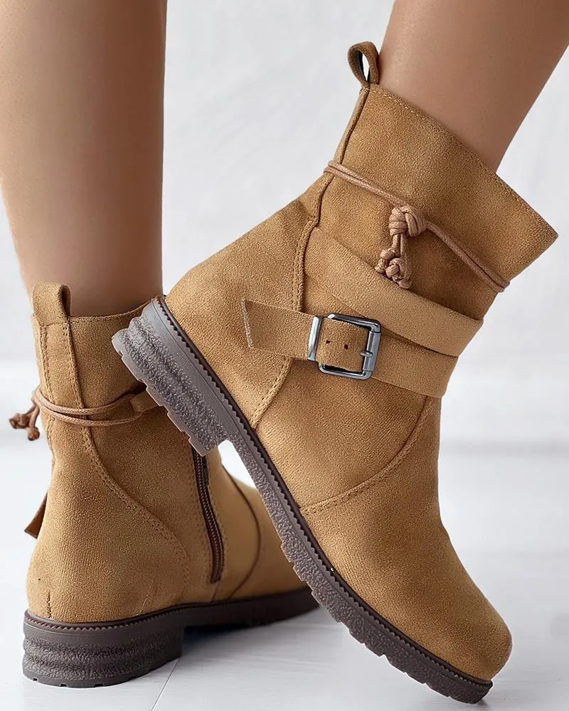 Tied Detail Side Zipper Buckled Ankle Boots
