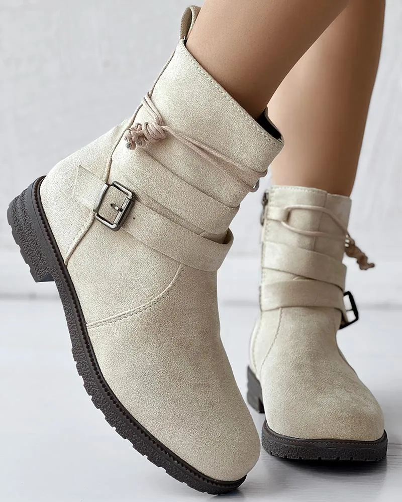 Tied Detail Side Zipper Buckled Ankle Boots