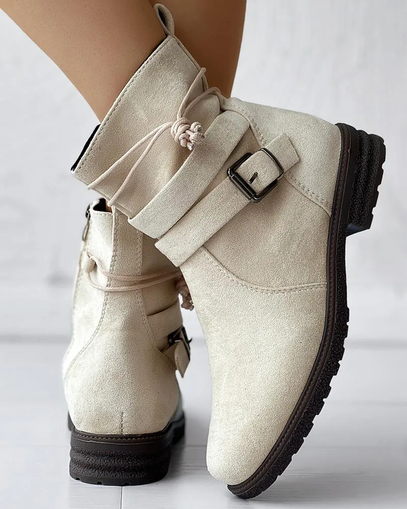 Tied Detail Side Zipper Buckled Ankle Boots