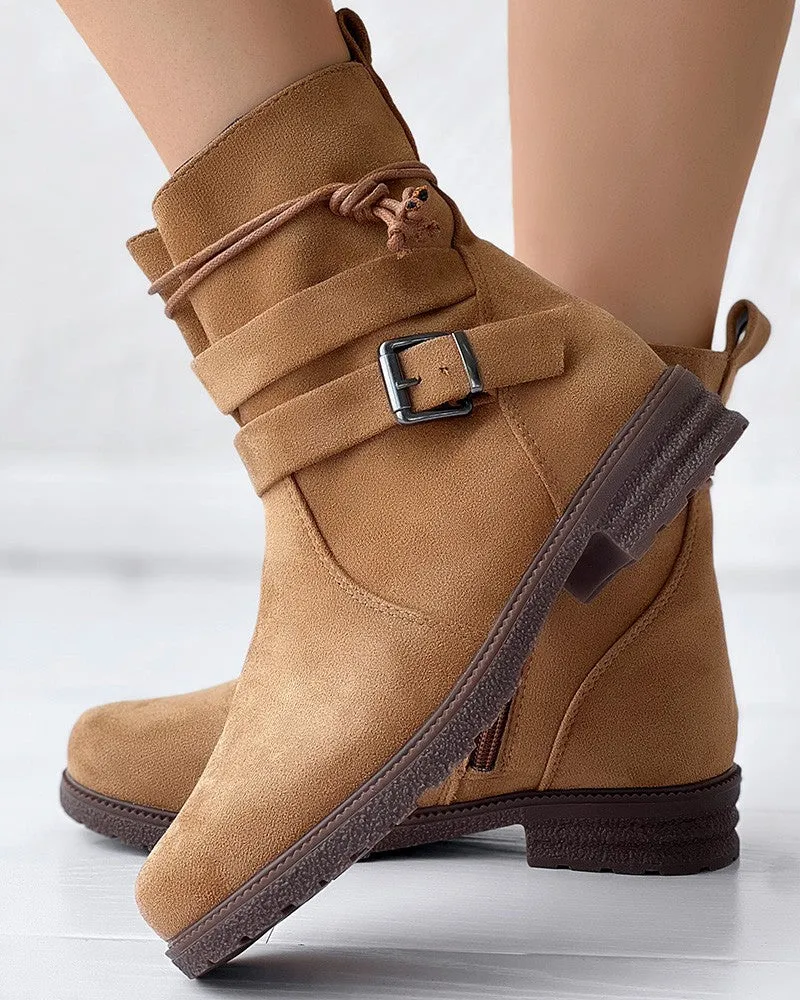 Tied Detail Side Zipper Buckled Ankle Boots