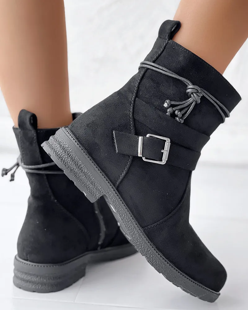 Tied Detail Side Zipper Buckled Ankle Boots