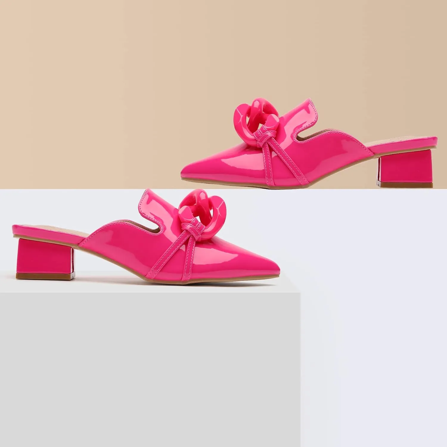 Tilocow Chain Decor Mules Heels for Women Pointed Toe Heeled Sandals Women Chunky Heel Mules Womens Slide Shoes