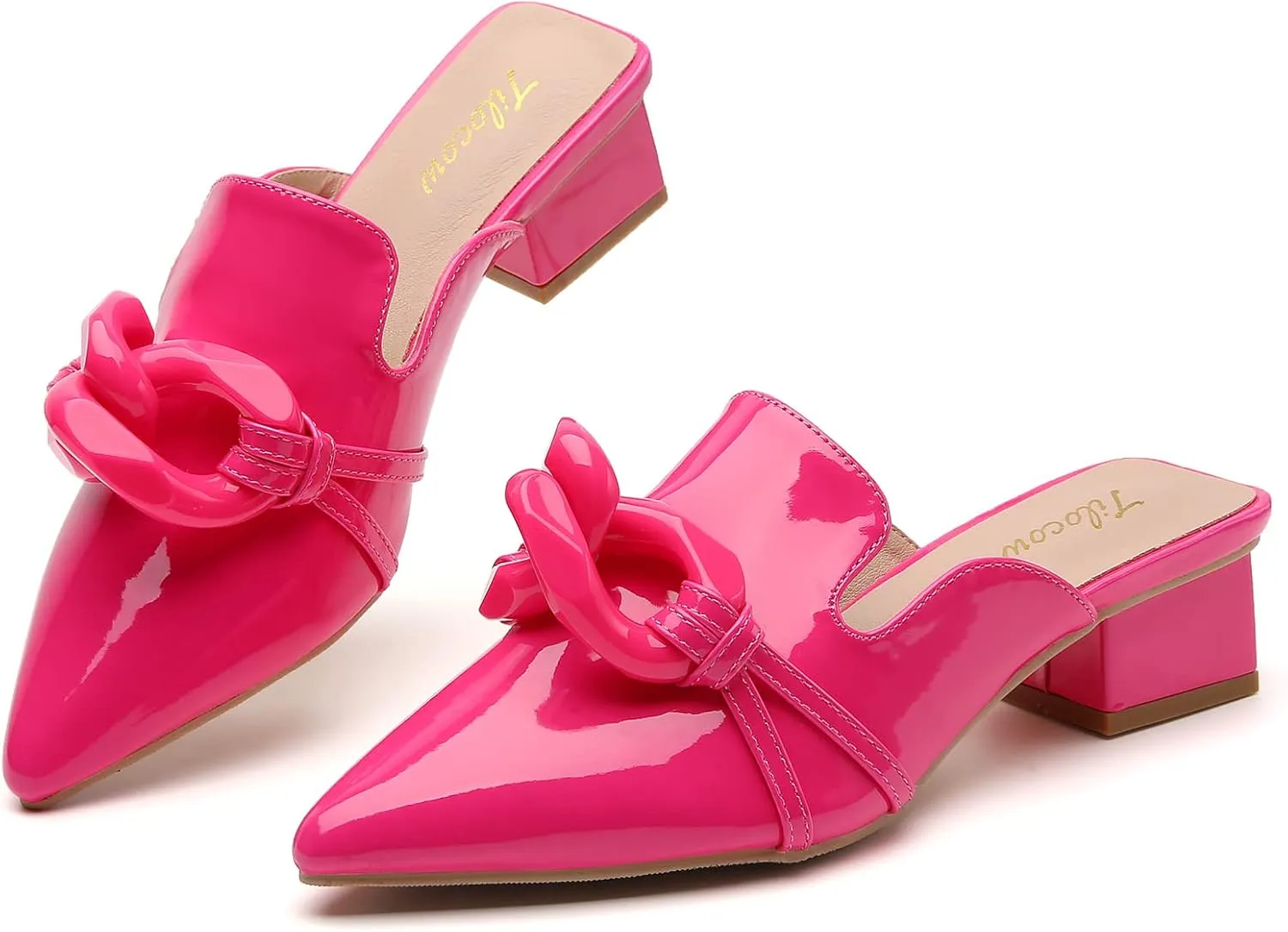 Tilocow Chain Decor Mules Heels for Women Pointed Toe Heeled Sandals Women Chunky Heel Mules Womens Slide Shoes