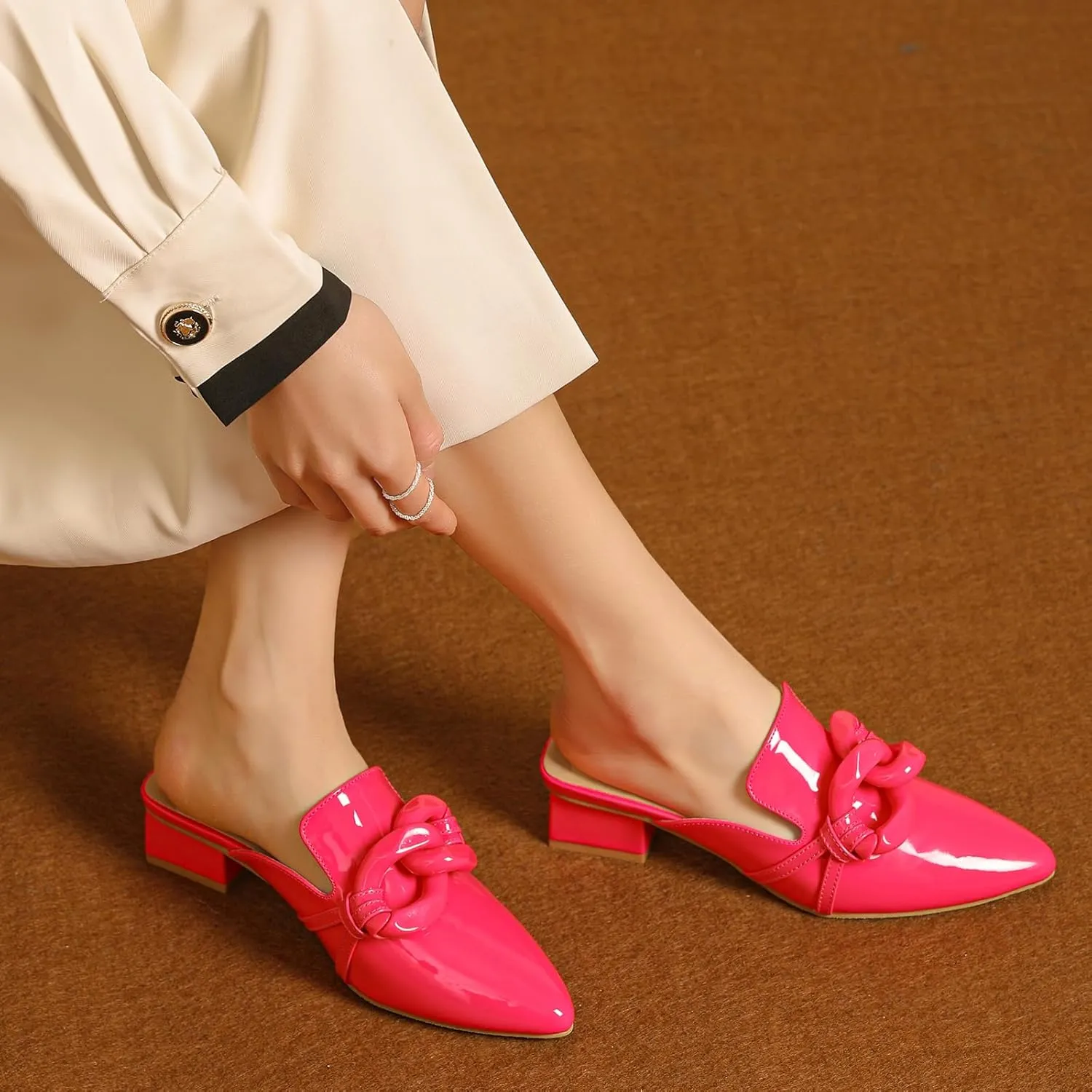 Tilocow Chain Decor Mules Heels for Women Pointed Toe Heeled Sandals Women Chunky Heel Mules Womens Slide Shoes
