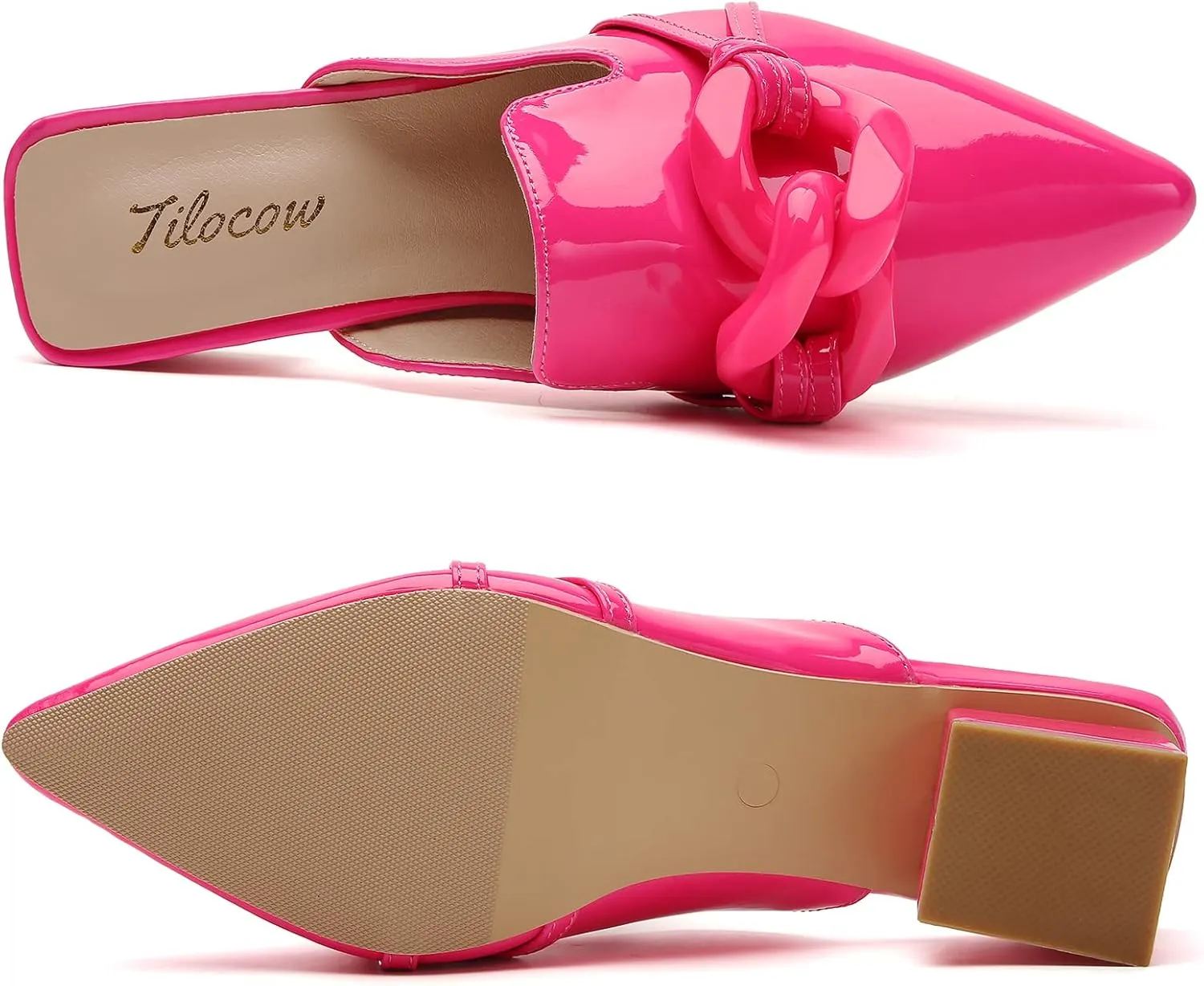 Tilocow Chain Decor Mules Heels for Women Pointed Toe Heeled Sandals Women Chunky Heel Mules Womens Slide Shoes