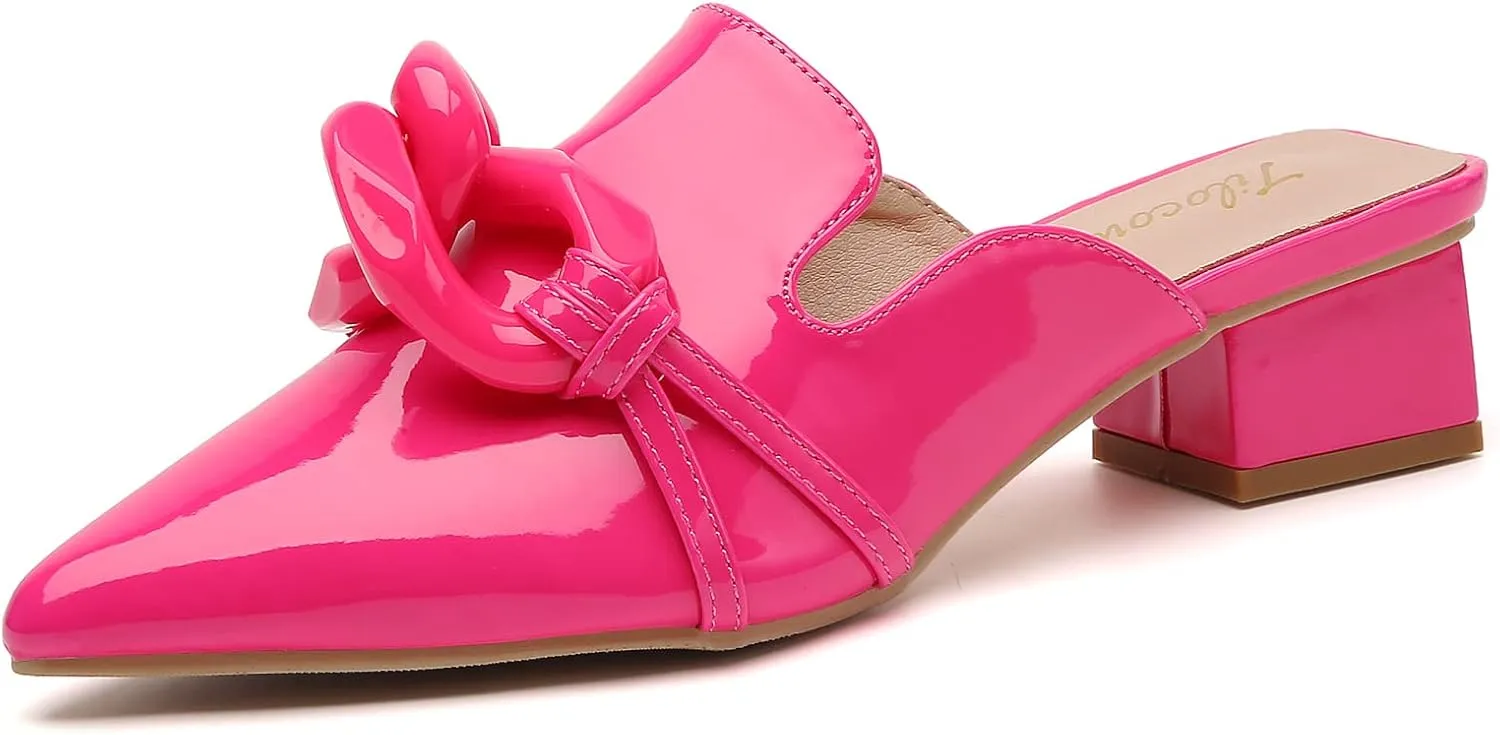 Tilocow Chain Decor Mules Heels for Women Pointed Toe Heeled Sandals Women Chunky Heel Mules Womens Slide Shoes