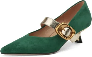 TinaCus Suede Leather Handmade Belt Buckle Women's Pointed Toe Kitten Heels Chic Pumps Shoes