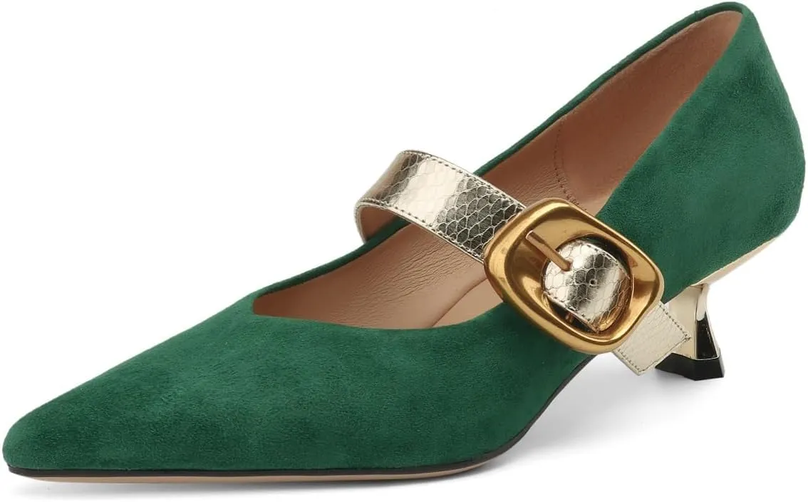 TinaCus Suede Leather Handmade Belt Buckle Women's Pointed Toe Kitten Heels Chic Pumps Shoes