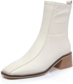 TinaCus Women's Genuine Leather Square Toe Side Zip Up Handmade Low Chunky Heel Chic Mid-Calf Boots