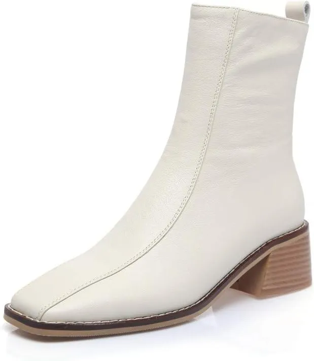 TinaCus Women's Genuine Leather Square Toe Side Zip Up Handmade Low Chunky Heel Chic Mid-Calf Boots
