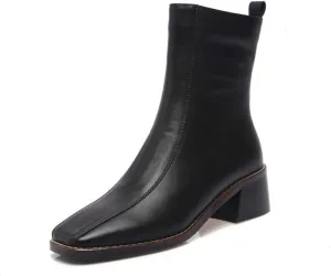 TinaCus Women's Genuine Leather Square Toe Side Zip Up Handmade Low Chunky Heel Chic Mid-Calf Boots