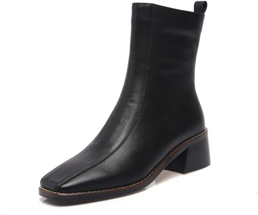 TinaCus Women's Genuine Leather Square Toe Side Zip Up Handmade Low Chunky Heel Chic Mid-Calf Boots