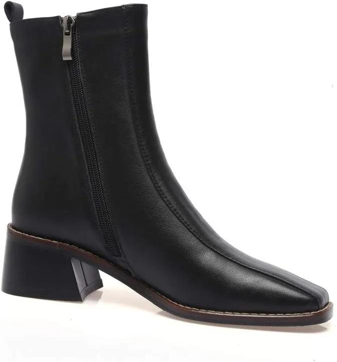 TinaCus Women's Genuine Leather Square Toe Side Zip Up Handmade Low Chunky Heel Chic Mid-Calf Boots