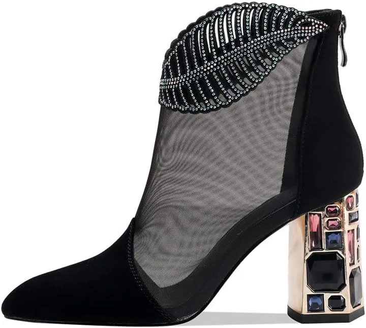 TinaCus Women's Genuine/Suede Leather with Mesh Pointed Toe Handmade Jewel High Chunky Heel Chic Ankle Boots with Back Zipper