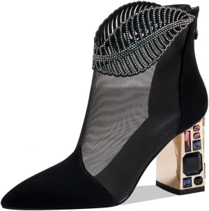 TinaCus Women's Genuine/Suede Leather with Mesh Pointed Toe Handmade Jewel High Chunky Heel Chic Ankle Boots with Back Zipper