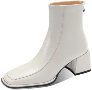 TinaCus Women's Handmade Genuine Leather Chic Square Toe Back Zipper Mid Block Heel Ankle Boots