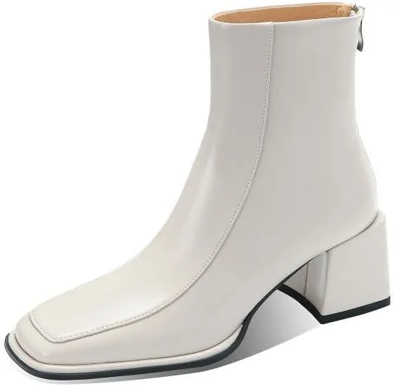TinaCus Women's Handmade Genuine Leather Chic Square Toe Back Zipper Mid Block Heel Ankle Boots