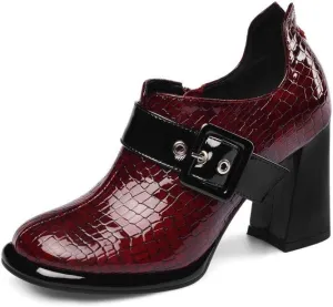 TinaCus Women's Handmade Patent Leather Round Toe Zip Up High Chunky Heel Chic Pumps Shoes with Buckle