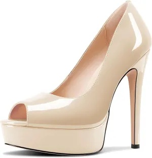 TNYNFBEB Peep Open Toe Stiletto High Platform Heel Pumps Slip-on Prom Party Dress Patent Leather 5.3 Inches Heels
