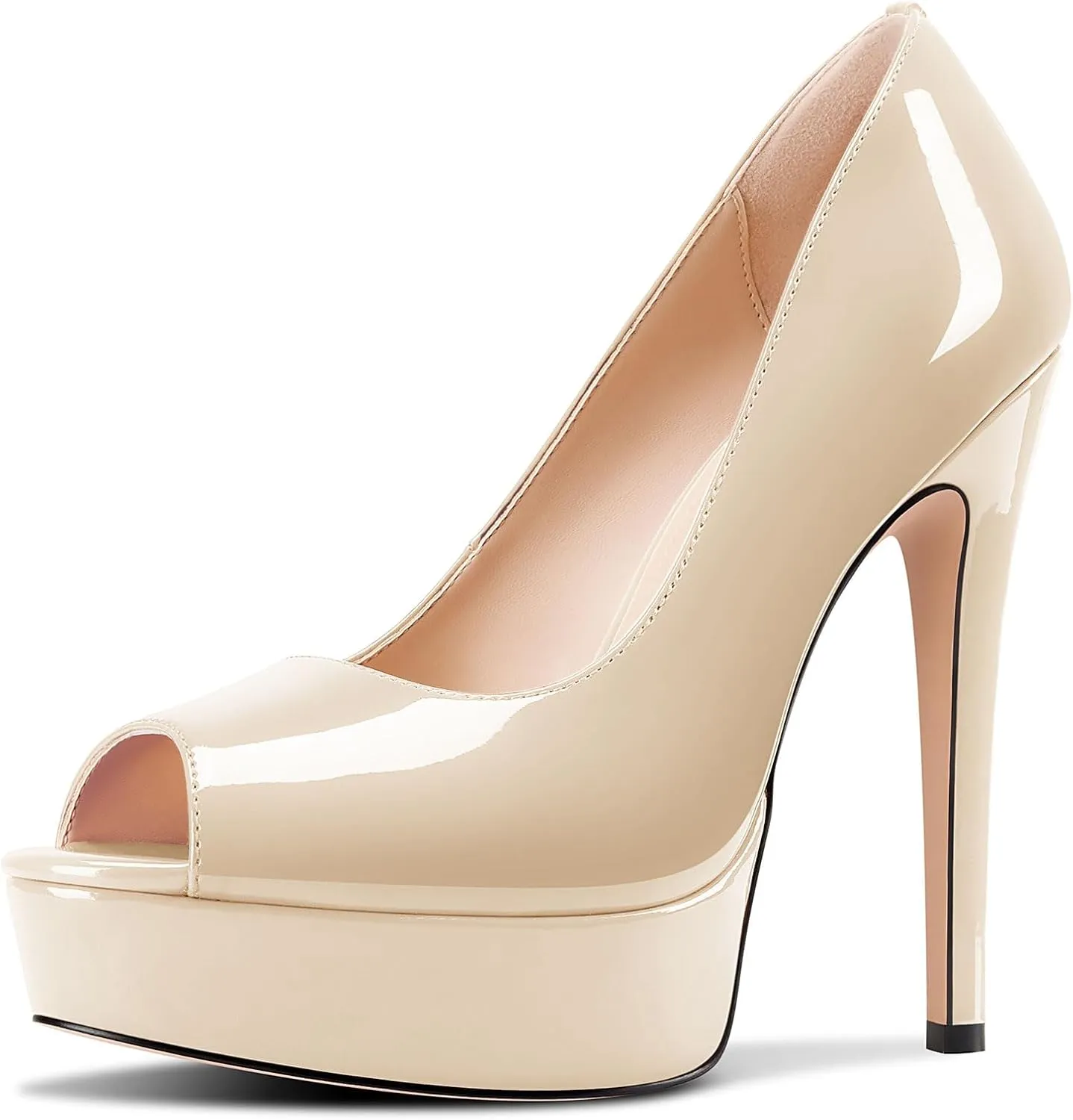 TNYNFBEB Peep Open Toe Stiletto High Platform Heel Pumps Slip-on Prom Party Dress Patent Leather 5.3 Inches Heels