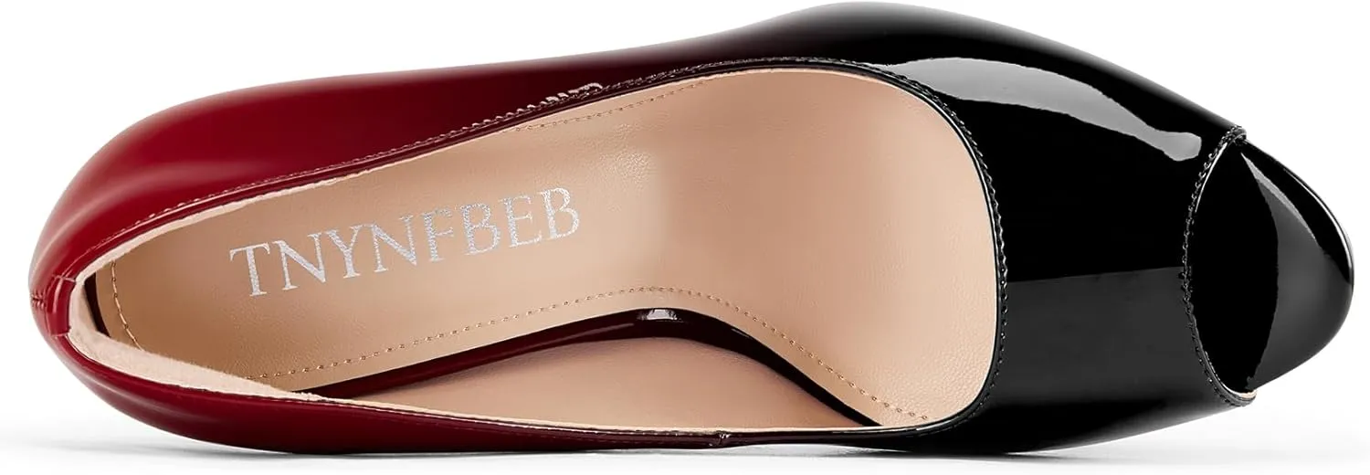 TNYNFBEB Peep Open Toe Stiletto High Platform Heel Pumps Slip-on Prom Party Dress Patent Leather 5.3 Inches Heels