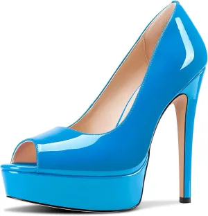 TNYNFBEB Peep Open Toe Stiletto High Platform Heel Pumps Slip-on Prom Party Dress Patent Leather 5.3 Inches Heels