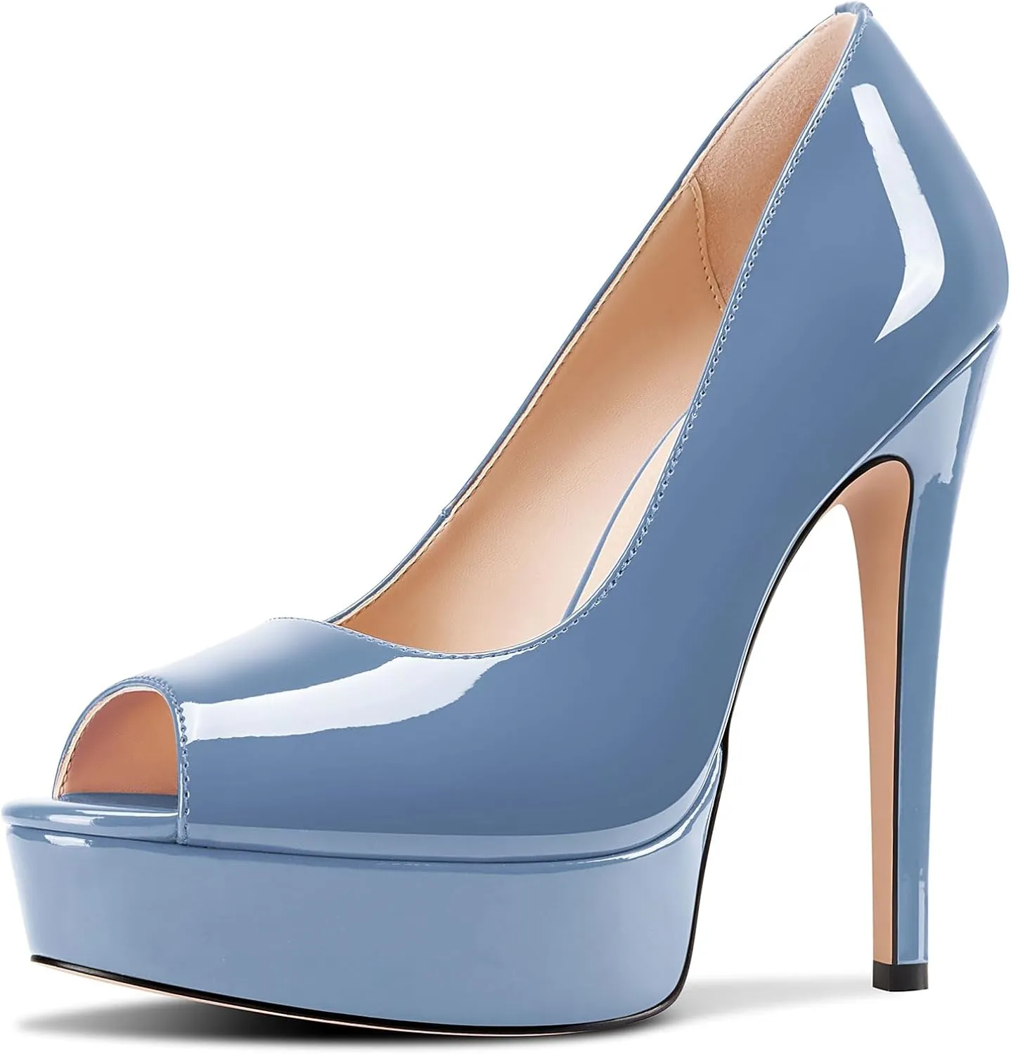 TNYNFBEB Peep Open Toe Stiletto High Platform Heel Pumps Slip-on Prom Party Dress Patent Leather 5.3 Inches Heels