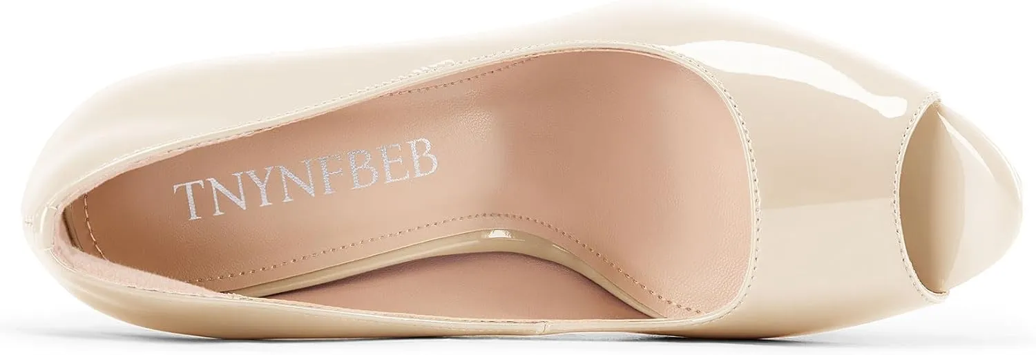 TNYNFBEB Peep Open Toe Stiletto High Platform Heel Pumps Slip-on Prom Party Dress Patent Leather 5.3 Inches Heels