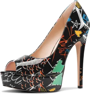 TNYNFBEB Peep Open Toe Stiletto High Platform Heel Pumps Slip-on Prom Party Dress Patent Leather 5.3 Inches Heels