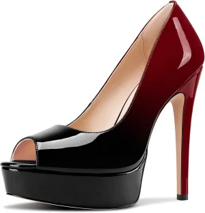 TNYNFBEB Peep Open Toe Stiletto High Platform Heel Pumps Slip-on Prom Party Dress Patent Leather 5.3 Inches Heels