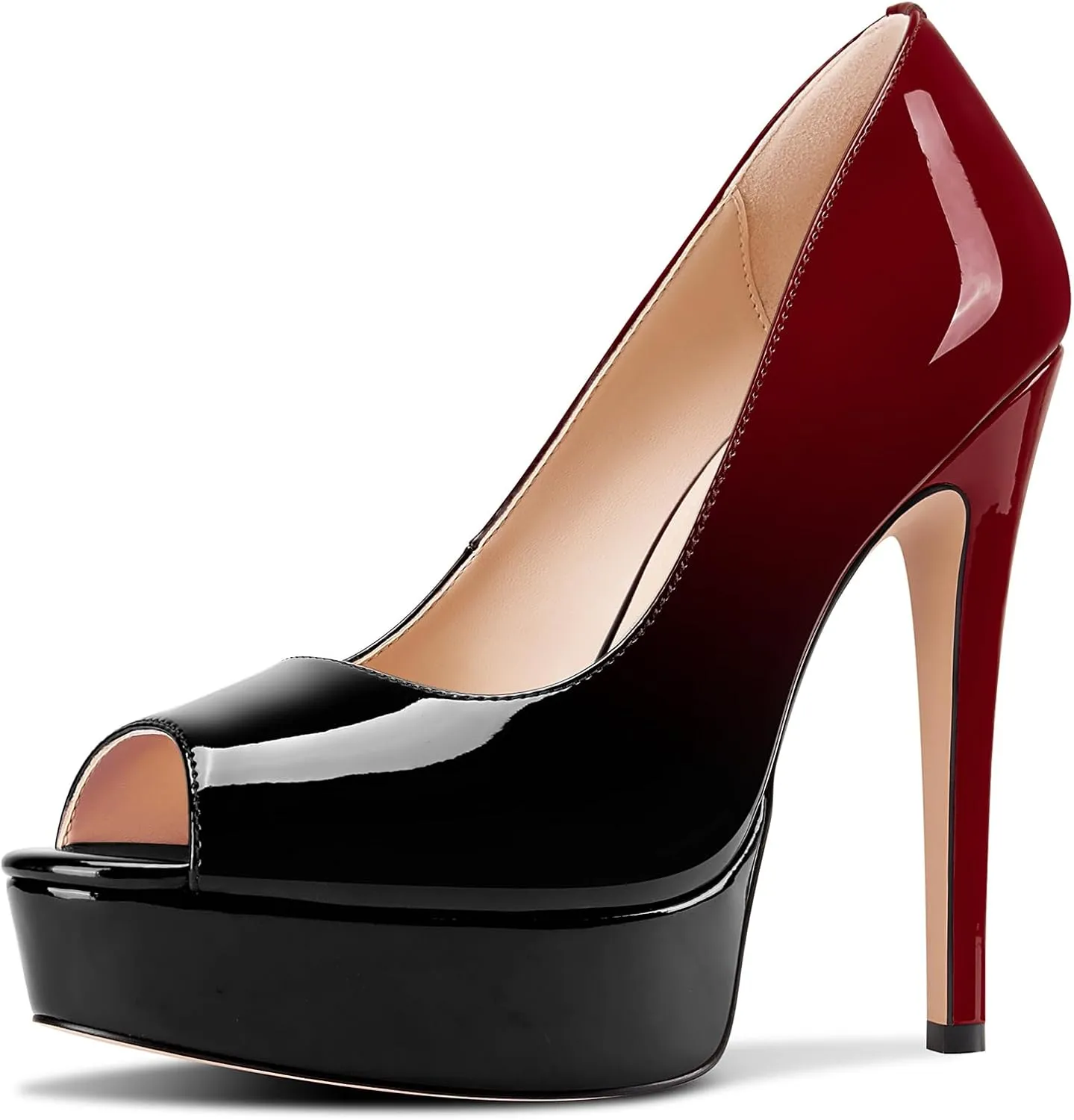 TNYNFBEB Peep Open Toe Stiletto High Platform Heel Pumps Slip-on Prom Party Dress Patent Leather 5.3 Inches Heels