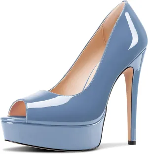 TNYNFBEB Peep Open Toe Stiletto High Platform Heel Pumps Slip-on Prom Party Dress Patent Leather 5.3 Inches Heels