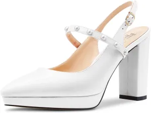 TNYNFBEB Womens Chunky Block High Heel Close Pointed Toe Pumps Ankle Strap Buckle Pearls Party Cute 3.9 Inches Heels