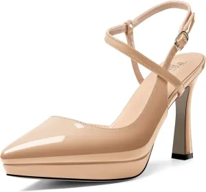 TNYNFBEB Womens Stiletto High Platform Heel Pointed Toe Pumps Slingback Ankle Strap Buckle Party Cute 3.9 Inches Heels